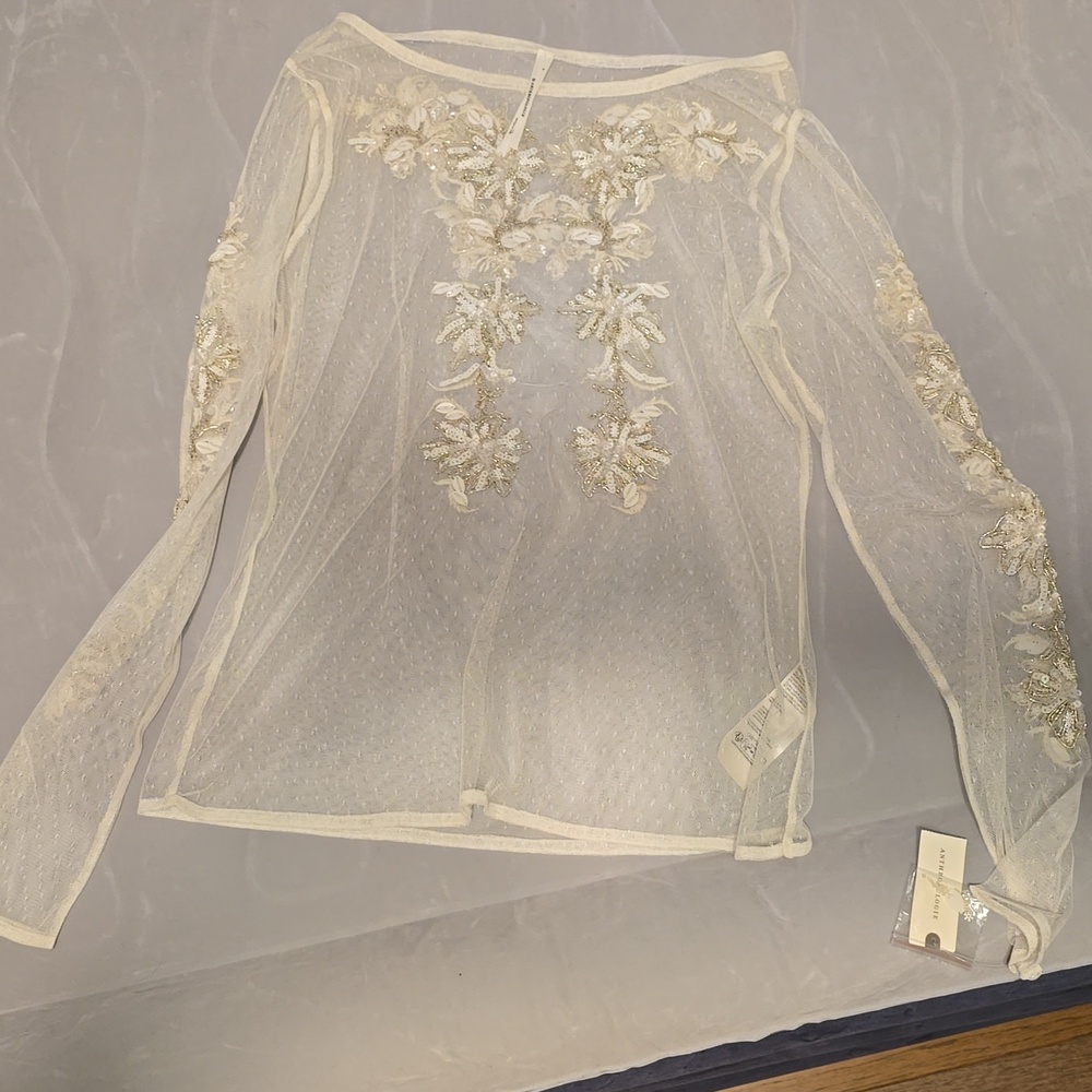 Anthropologie See Thru Cream Top Long Sleeve Beaded Detaol